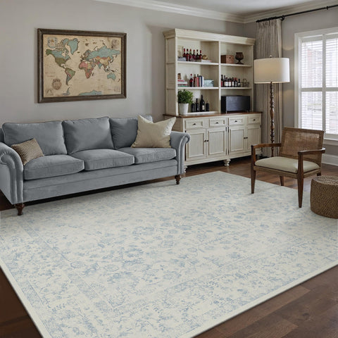 PureCozy 6x9 blue area rug with non-slip backing for stable placement.