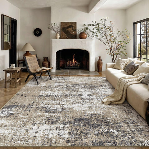 PureCozy 8x10 abstract area rug in brown, washable and durable for busy living spaces.