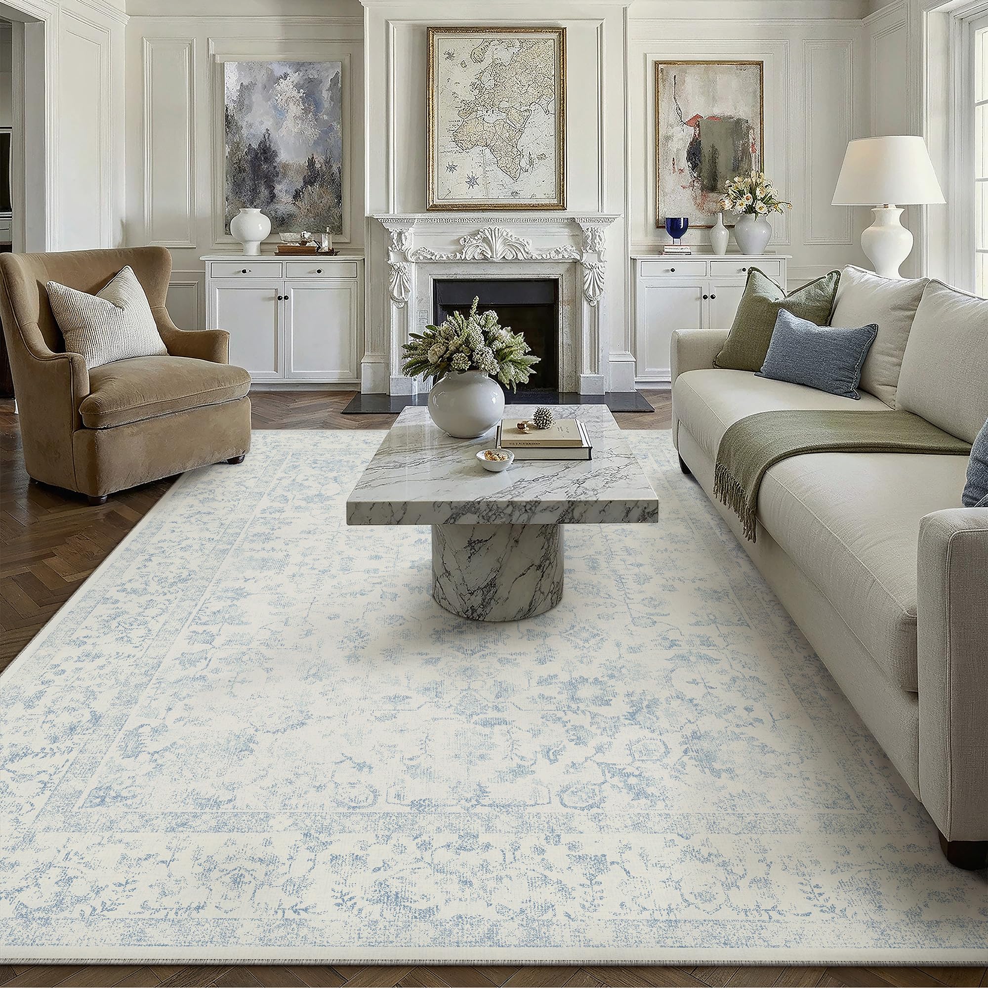 PureCozy 8x10 blue area rug anchors living spaces with vintage charm.