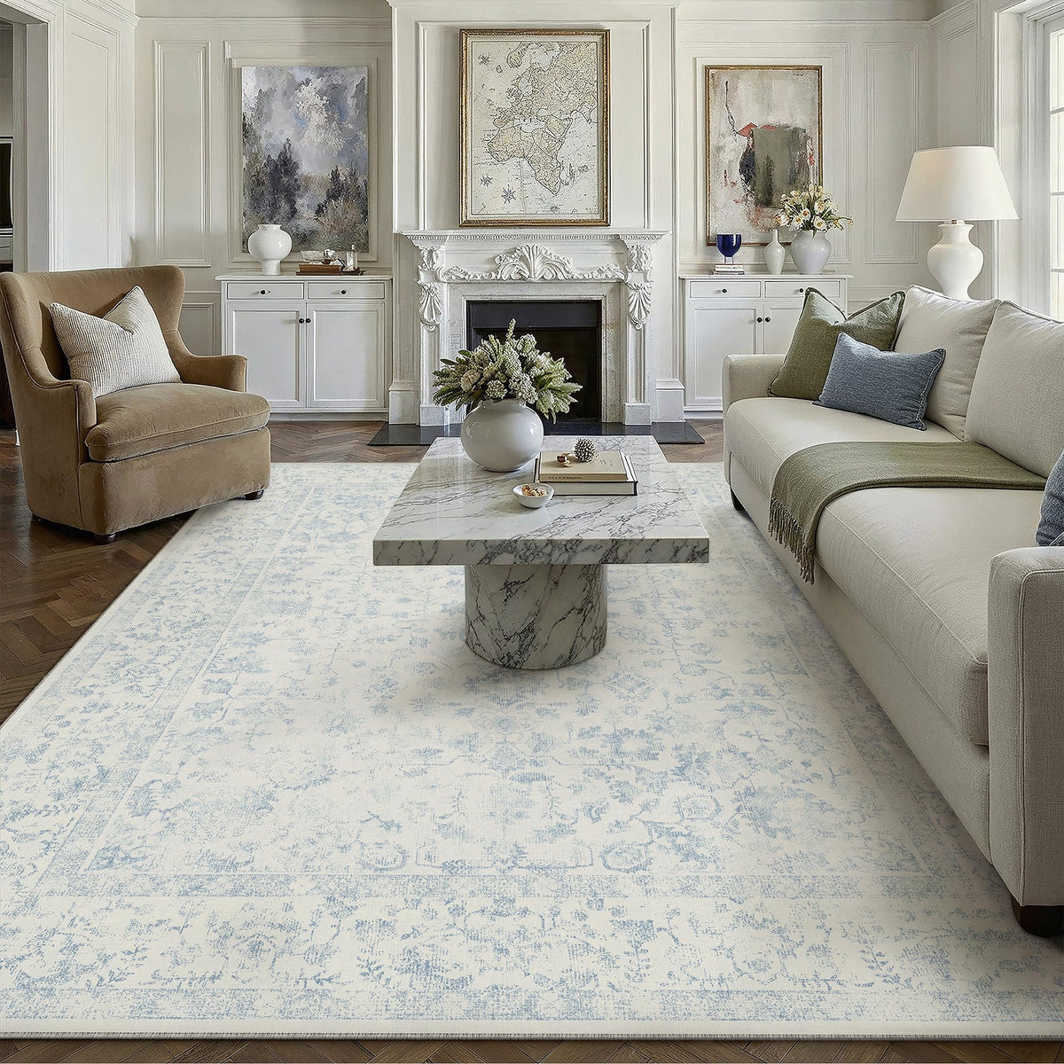 PureCozy 8x10 blue area rug anchors living spaces with vintage charm.