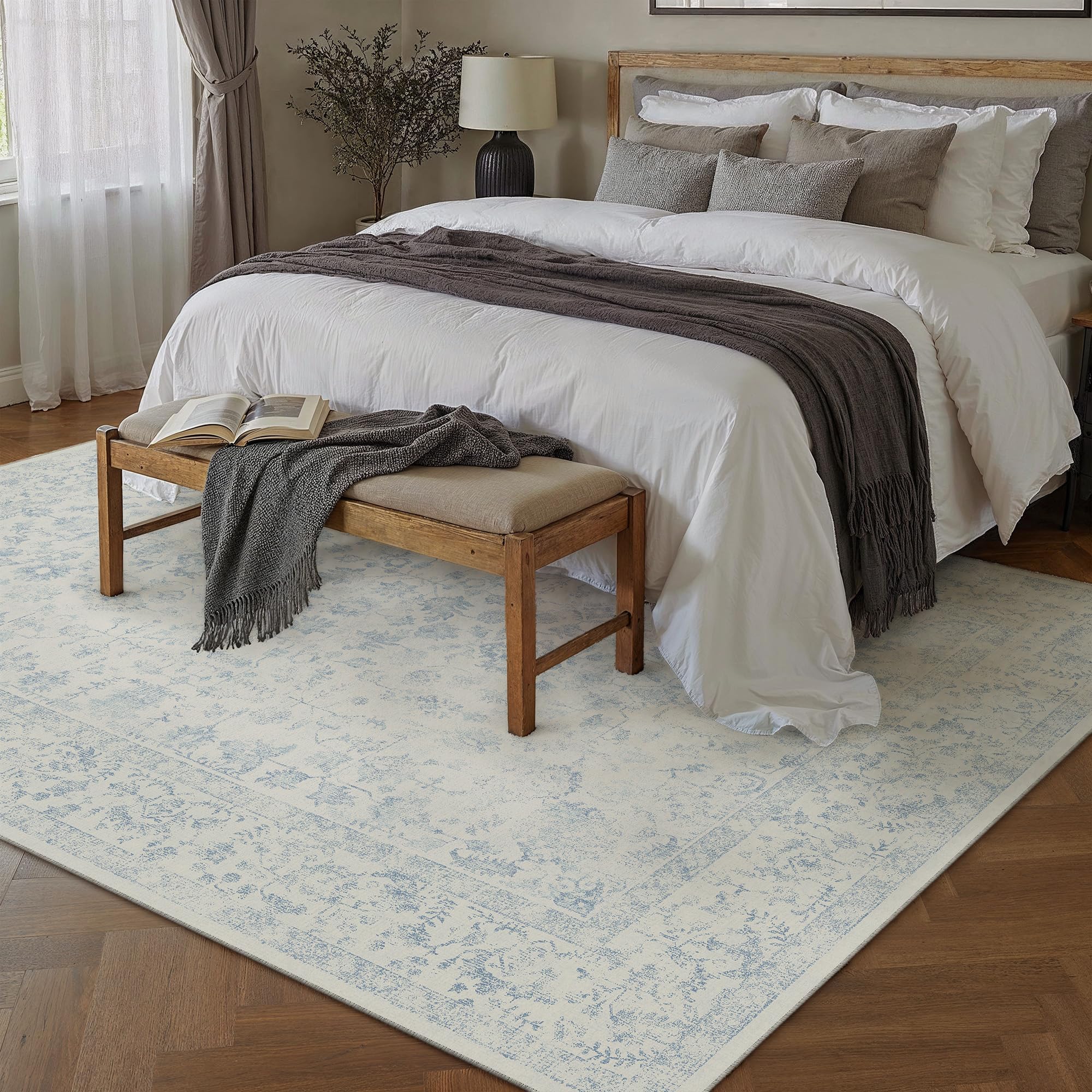 PureCozy blue area rug with non-slip backing keeps rugs in place