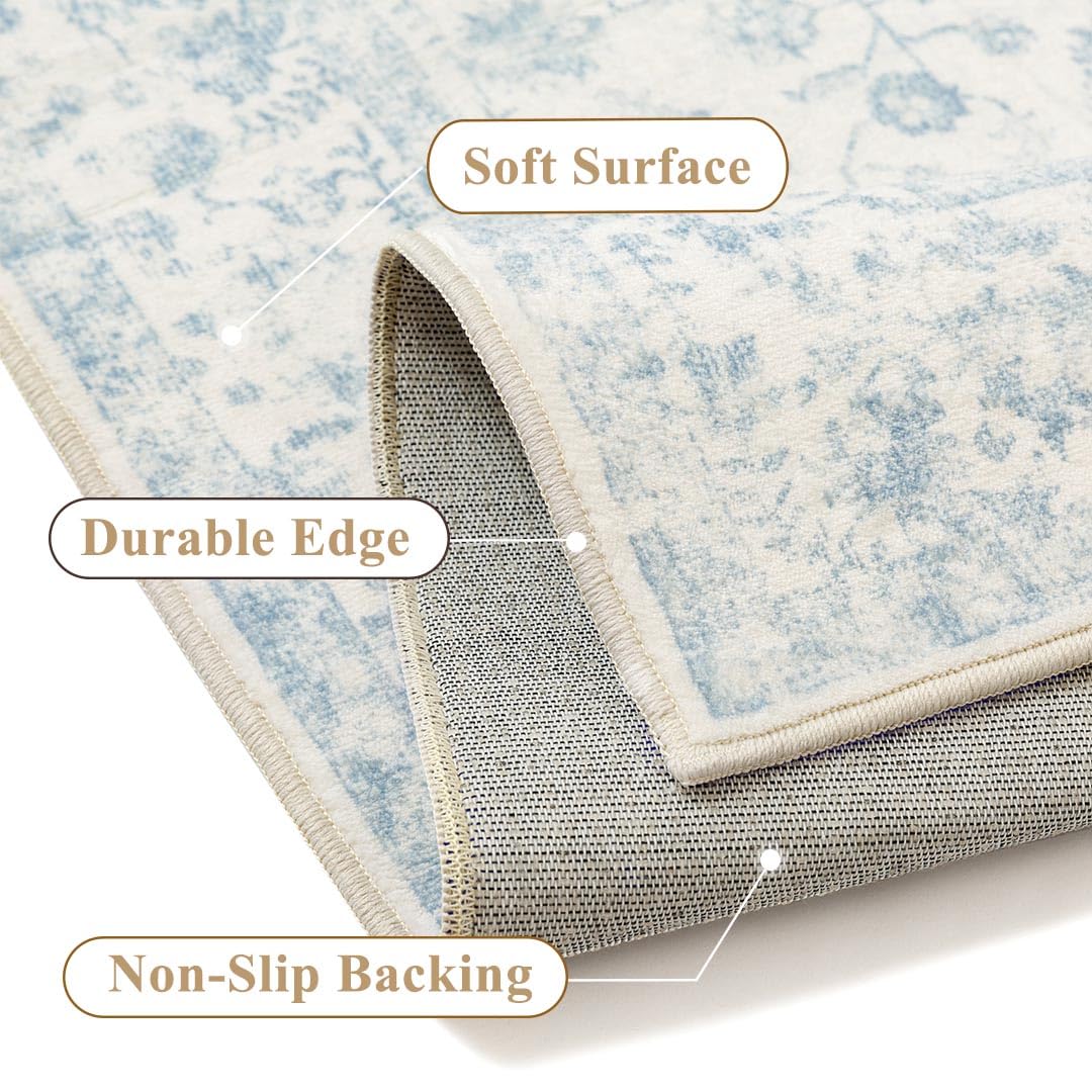 PureCozy blue rug features retro floral accent to enhance living room style.