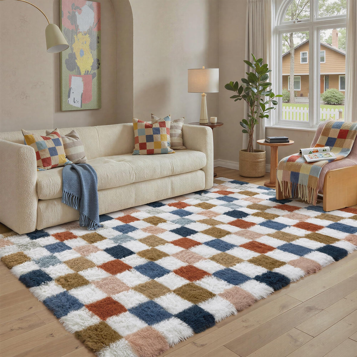 PureCozy checkered rug 5x8 in living room with warm style and comfort