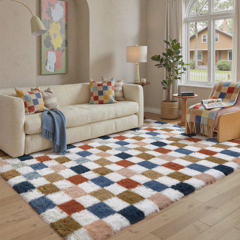 PureCozy checkered rug 5x8 in living room with warm style and comfort