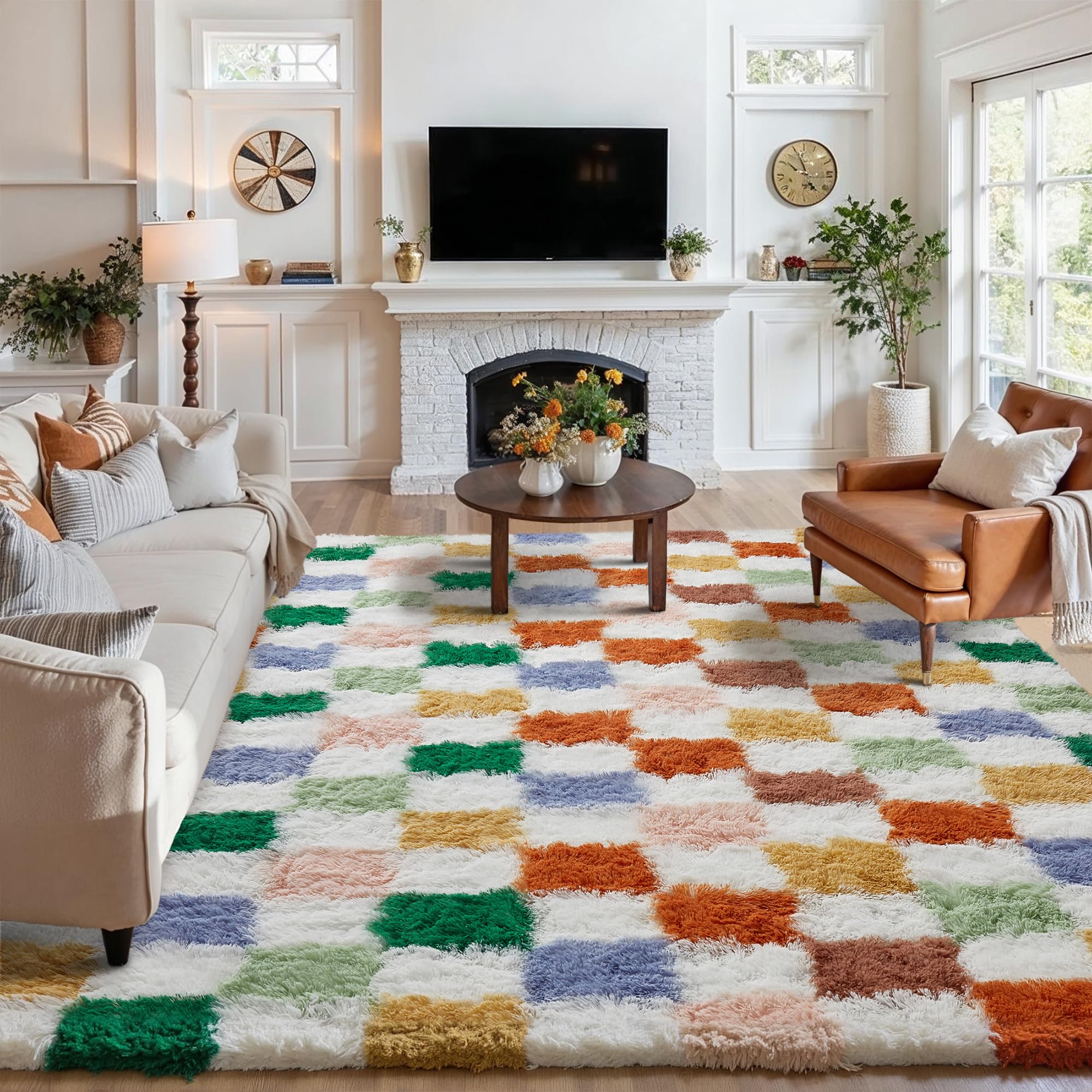 PureCozy checkered rug close-up pile shows luxurious softness and plush texture, great for living rooms.