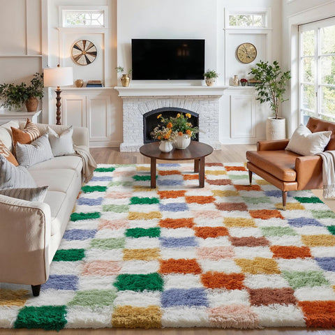PureCozy checkered rug close-up pile shows luxurious softness and plush texture, great for living rooms.