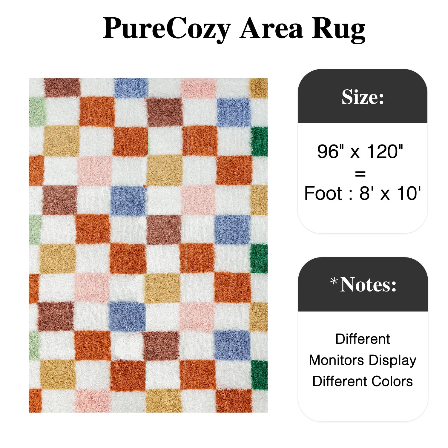 PureCozy checkered rug in a living room setting offers modern style and comfort.