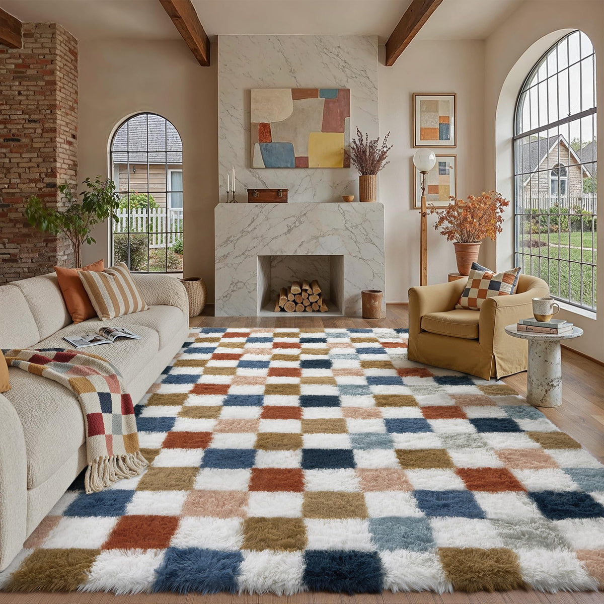 PureCozy checkered rug 8x10 in living room adds cozy style and warmth.