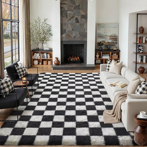 PureCozy checkered rug 8x10 living room adds warmth and style.