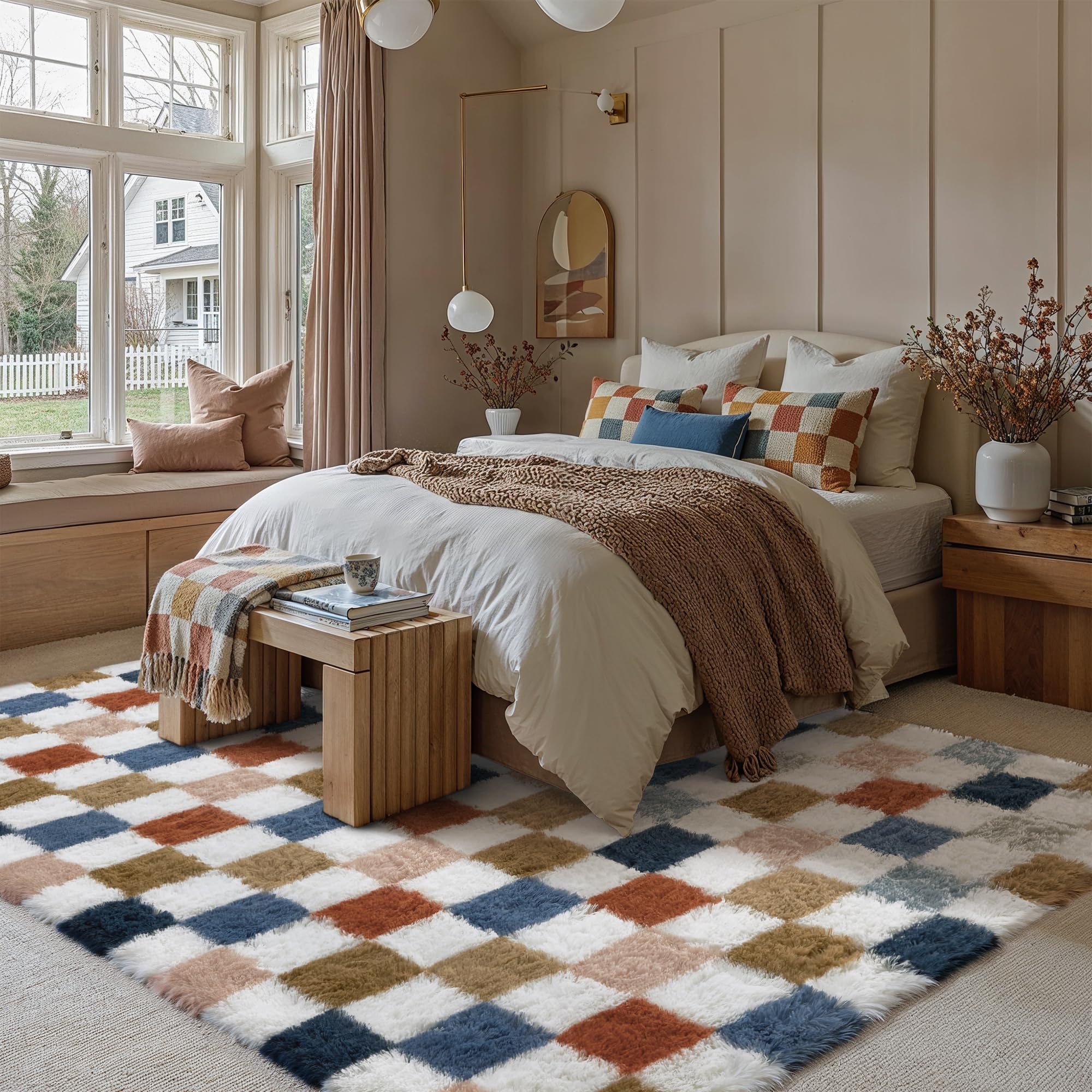 PureCozy checkered rug in bedroom reducing echoes and adding softness