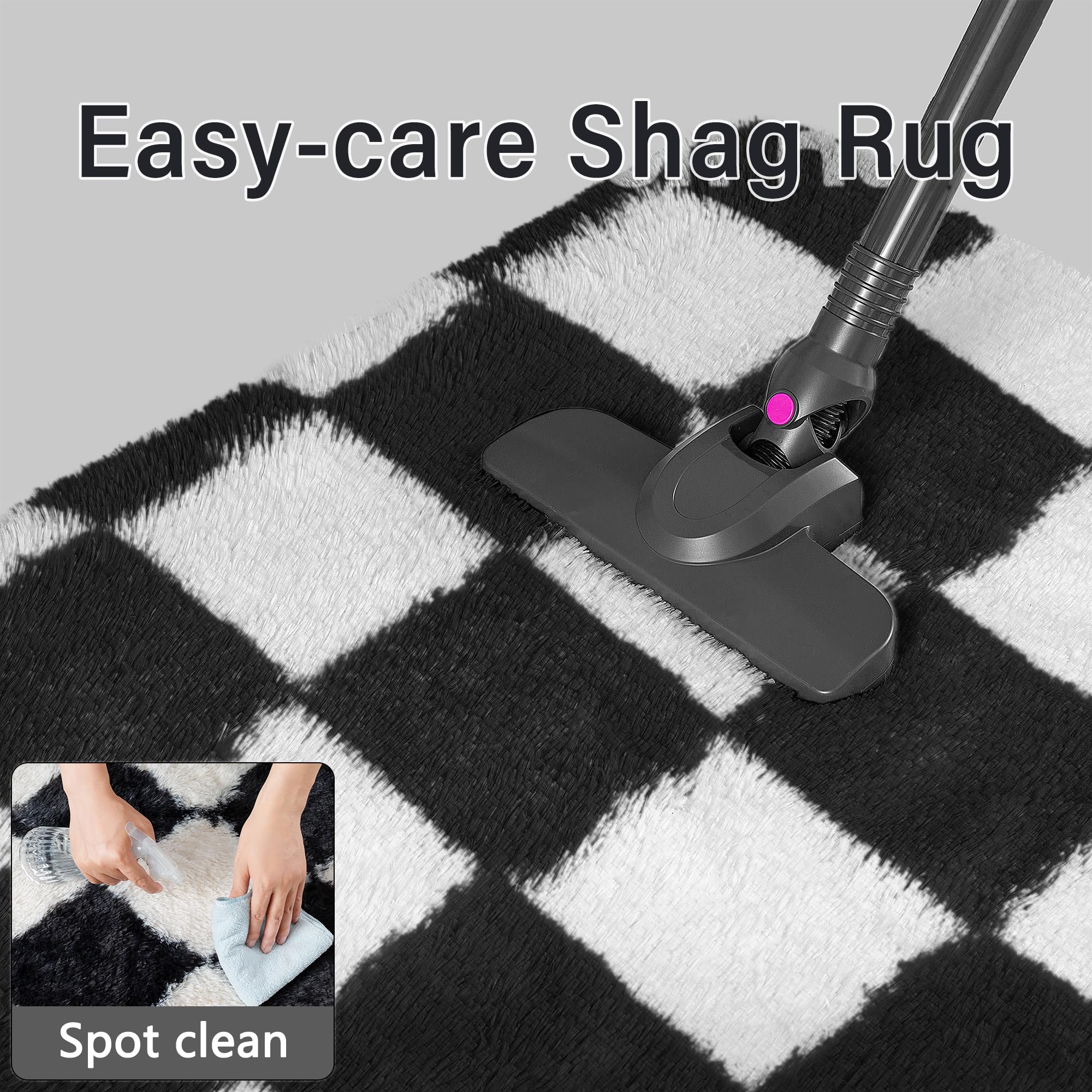 PureCozy checkered rug bedroom ambience with sound-dampening effect.