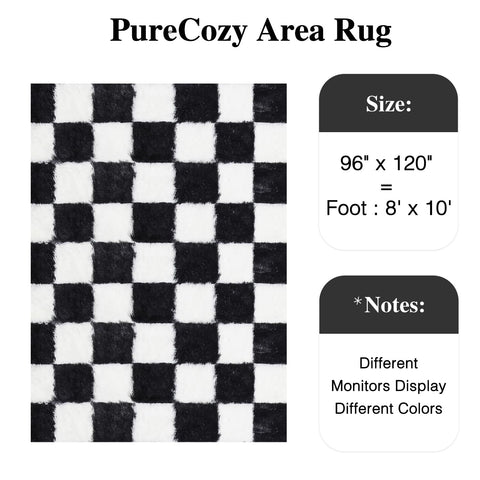 PureCozy checkered rug close-up shows plush black and white pile.