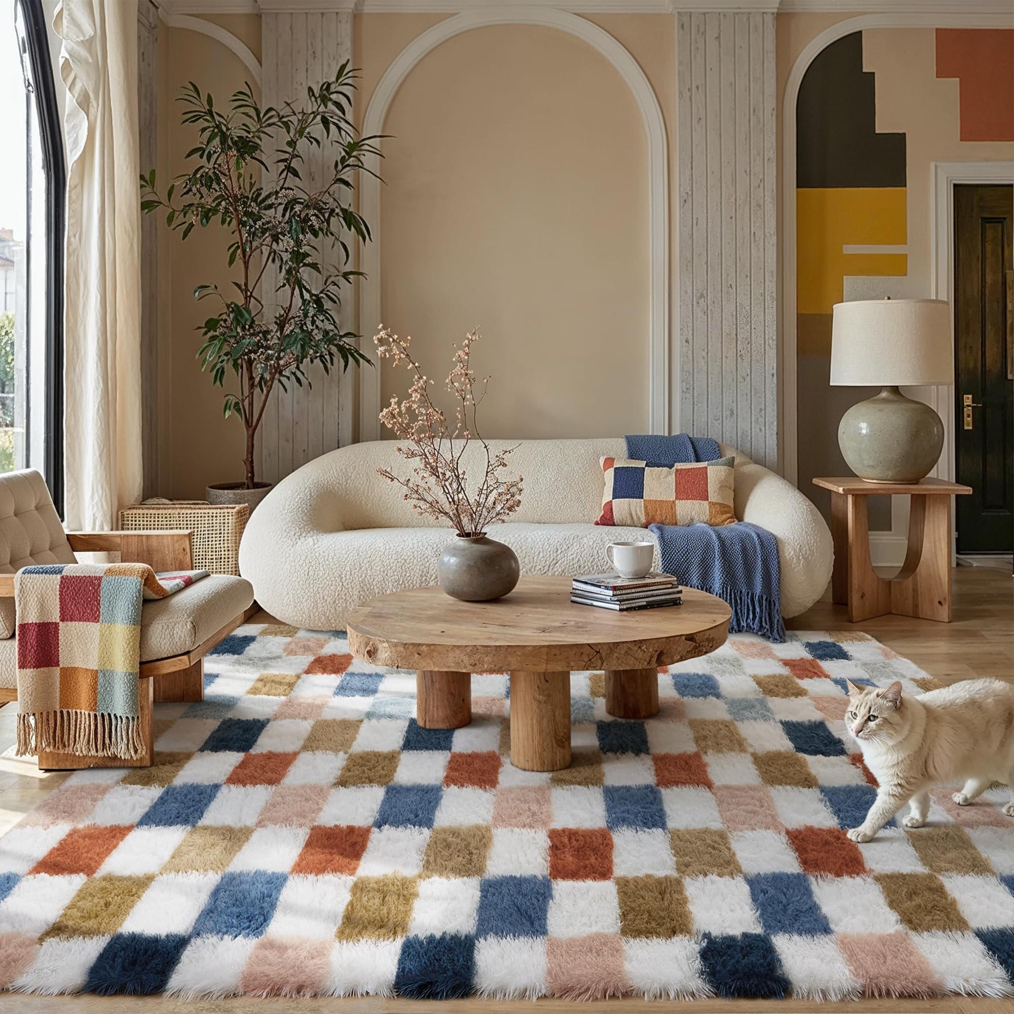 PureCozy checkered rug non-slip backing for safe, stable placement