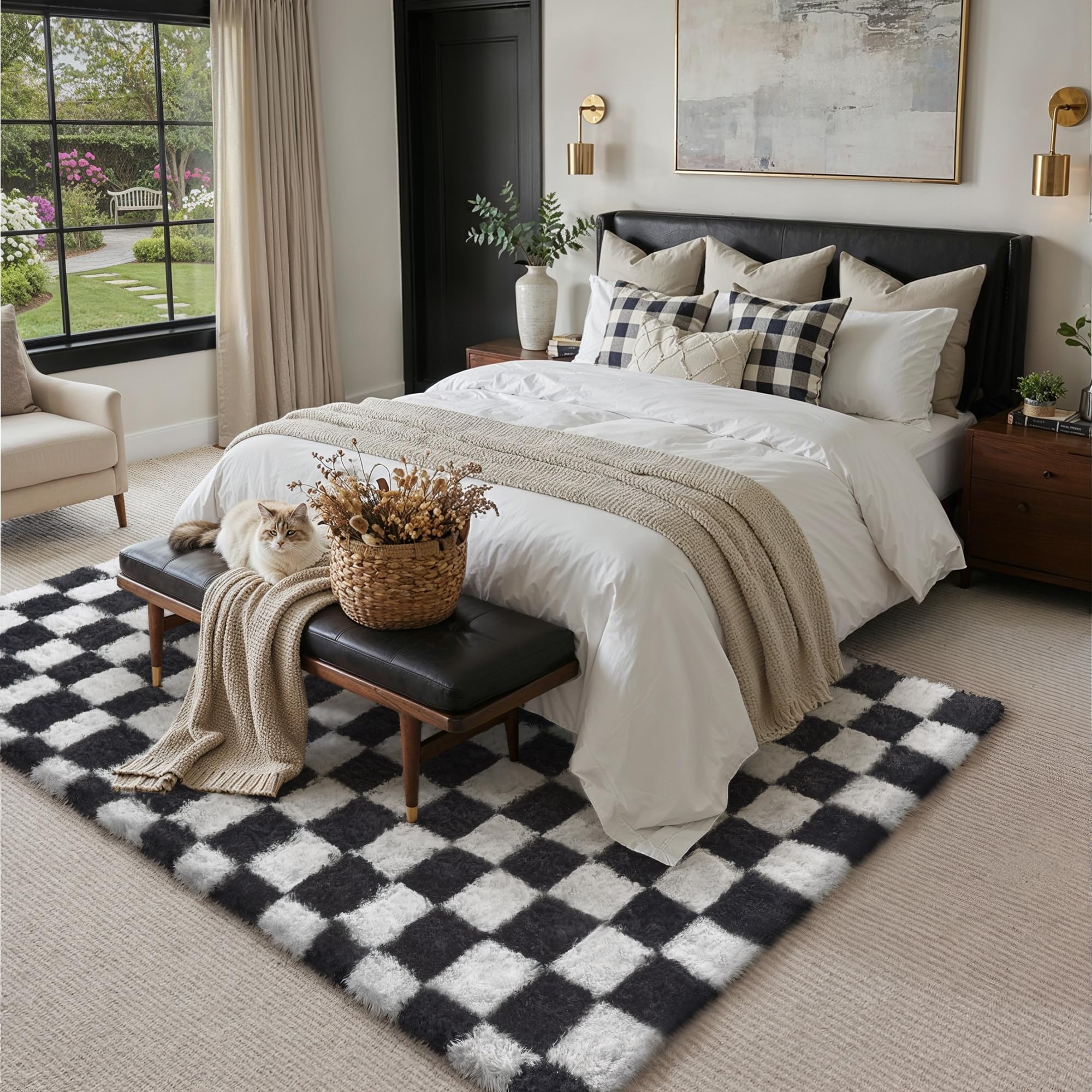 PureCozy checkered rug non-slip back keeps it securely in place.