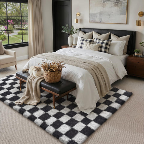 PureCozy checkered rug non-slip back keeps it securely in place.