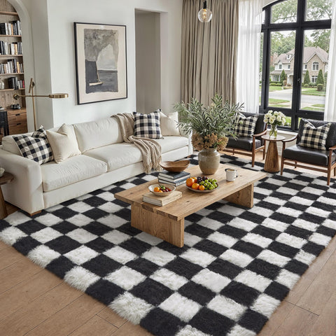 PureCozy checkered rug ultra-soft plush fiber underfoot comfort.