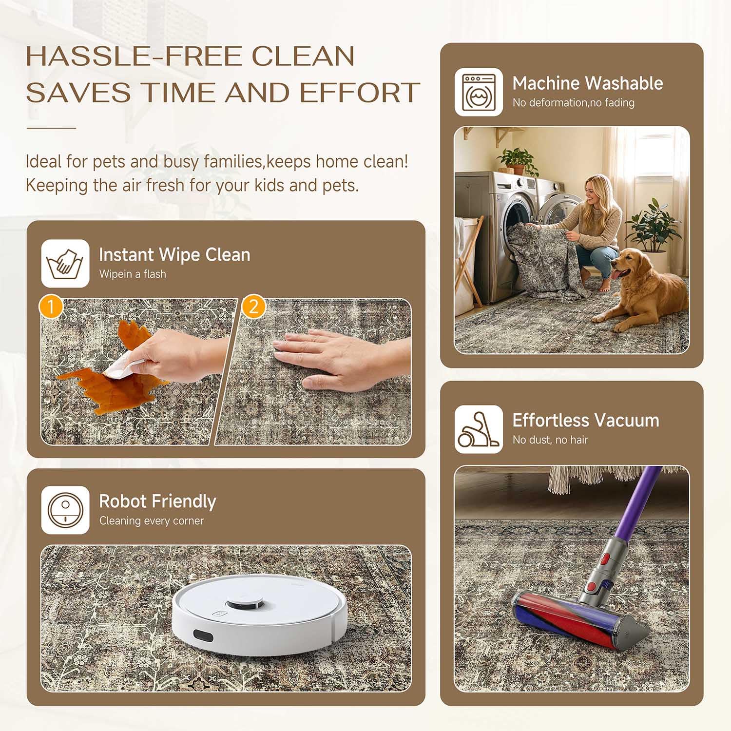 PureCozy easy-care rug supports quick vacuuming and machine wash.