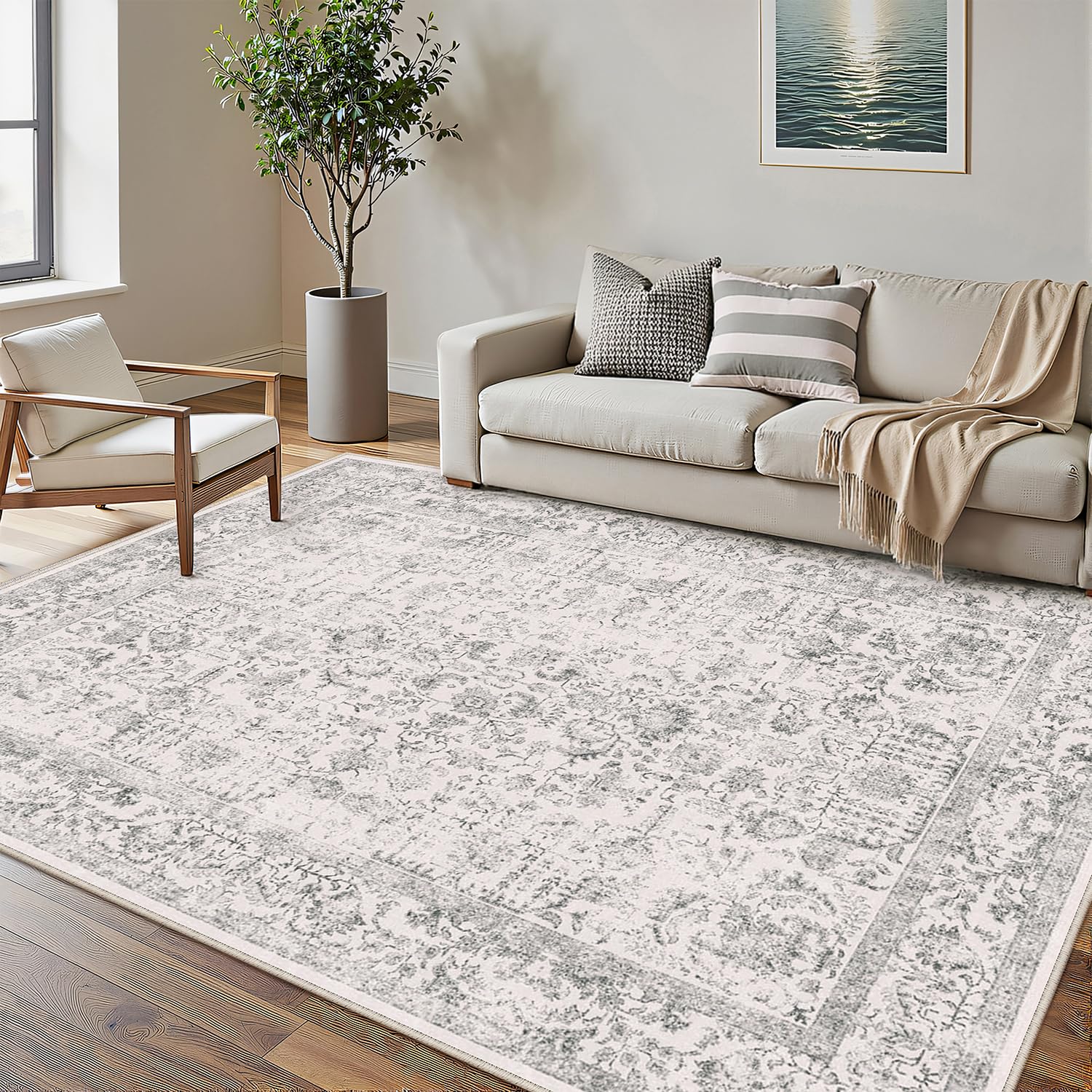 PureCozy gray area rug 5x7 anchors living room with vintage vibe