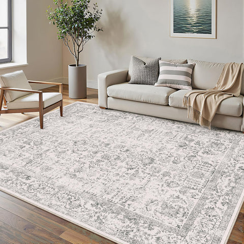 PureCozy gray area rug 5x7 anchors living room with vintage vibe