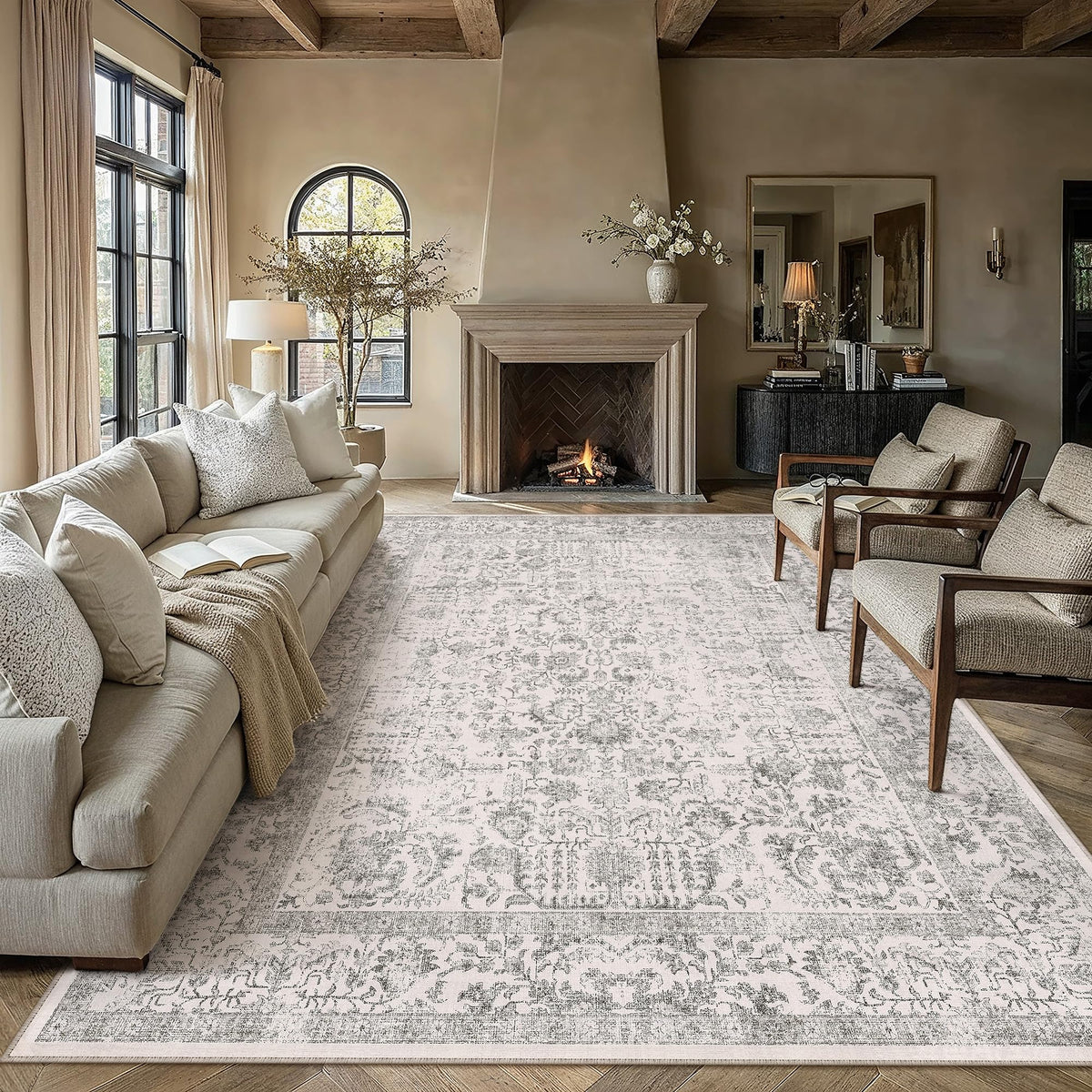 PureCozy gray area rug 8x10 laid in a living room for cozy, organized space.