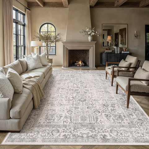 PureCozy gray area rug 8x10 laid in a living room for cozy, organized space.