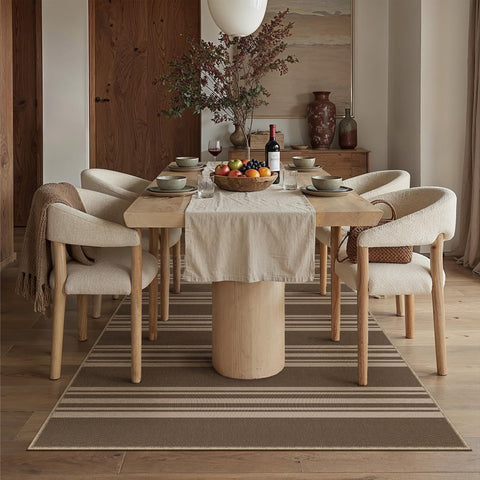 PureCozy striped easy jute 5x7 rug in dining room anchors seating with neutral, modern farmhouse vibe.
