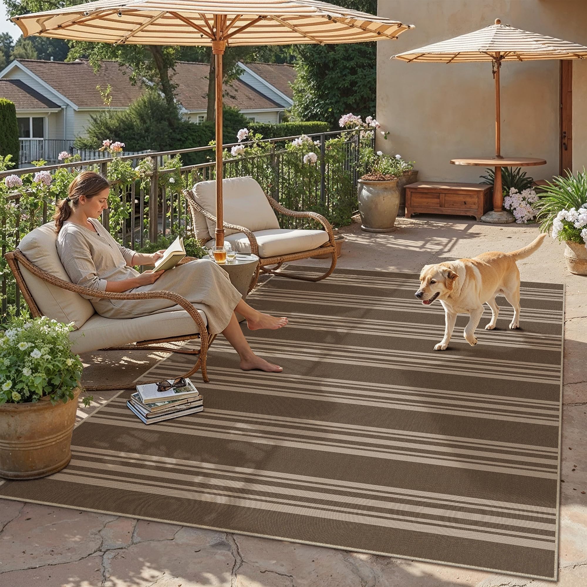 PureCozy striped easy jute 5x7 rug in living room adds neutral style and durable comfort.