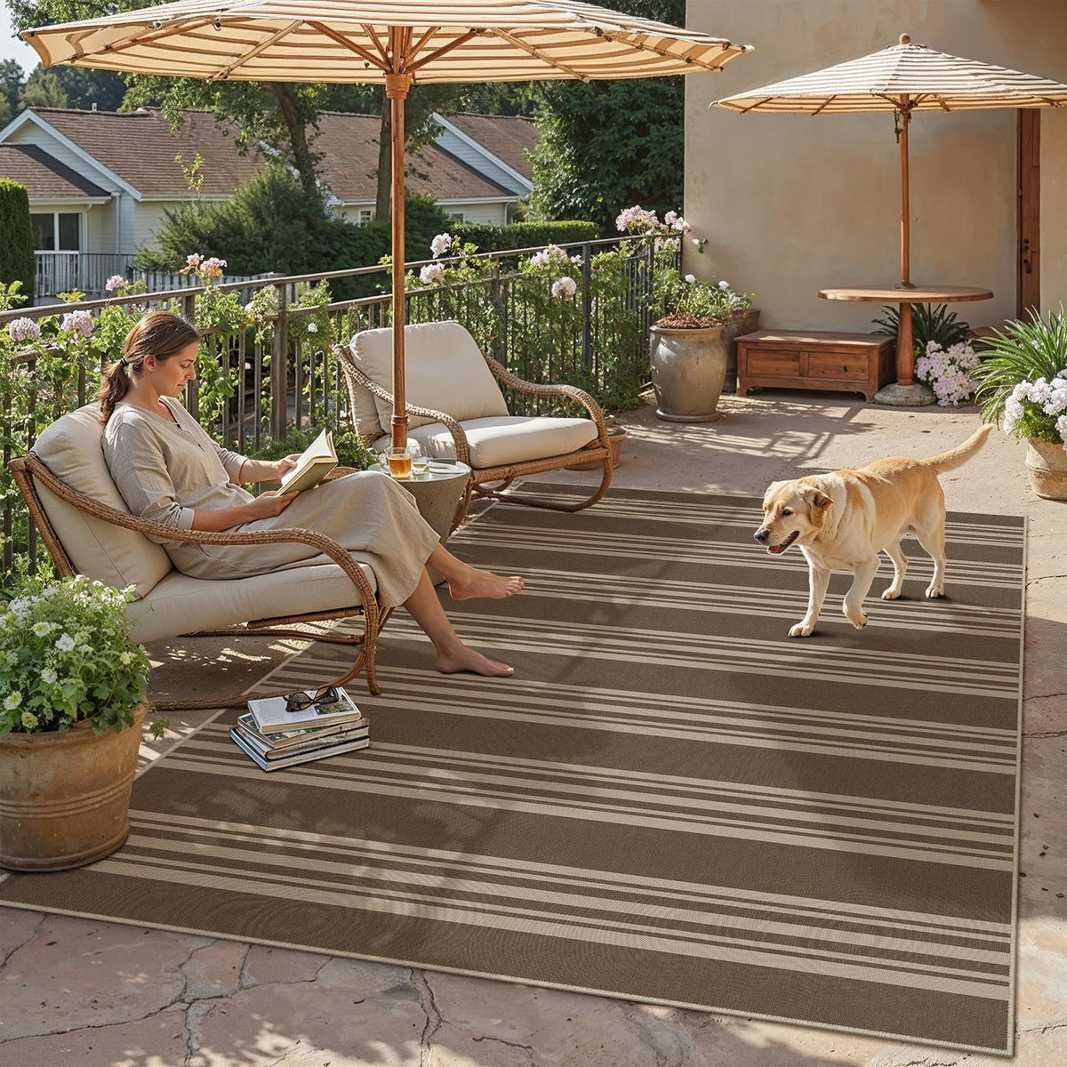 PureCozy striped easy jute 5x7 rug in living room adds neutral style and durable comfort.