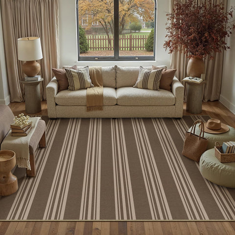 PureCozy striped easy jute 5x7 rug on porch offers neutral warmth and indoor-outdoor versatility.