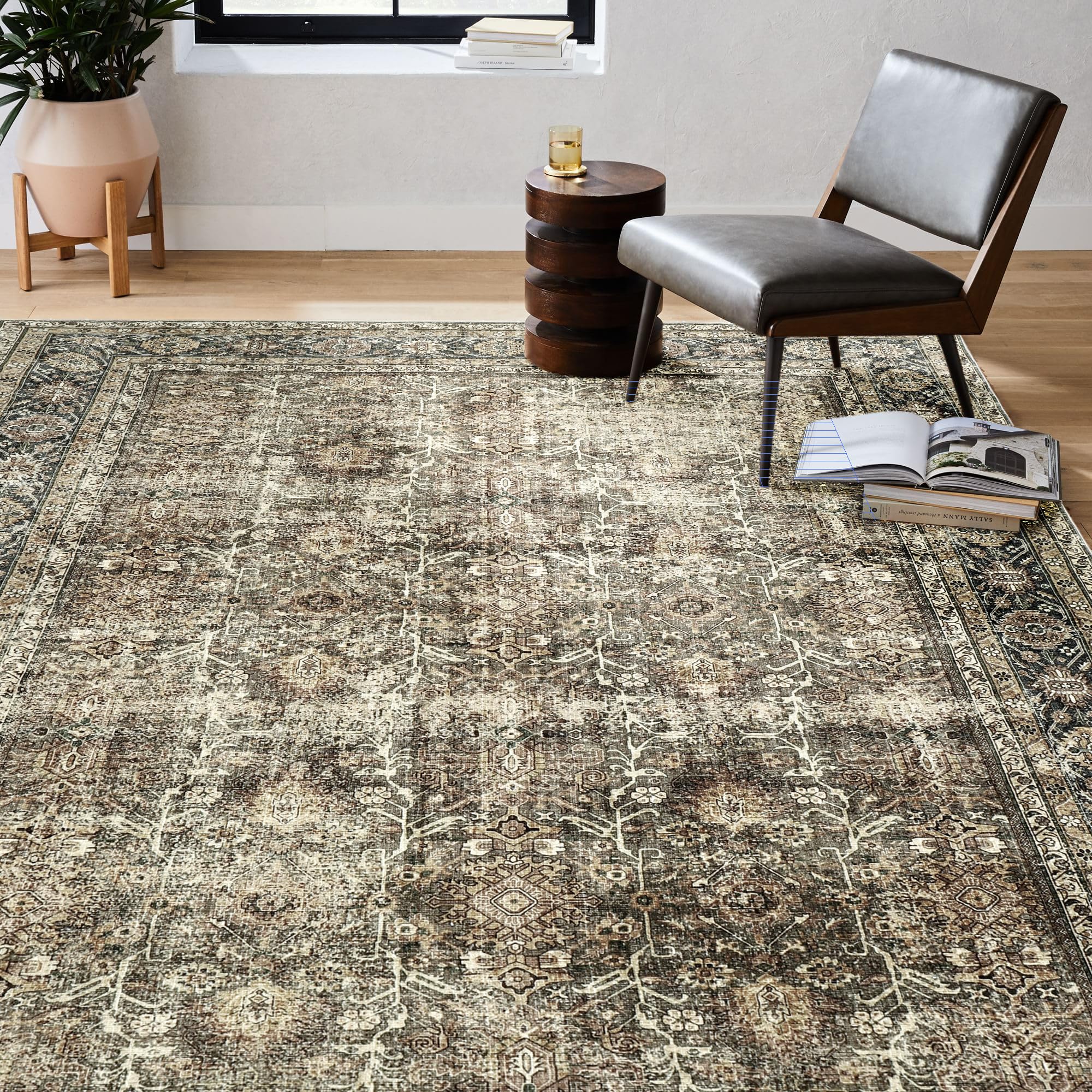 PureCozy Vintage Area Rug in bedroom provides warm tone and practical low pile.
