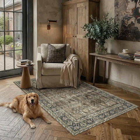 PureCozy Vintage Area Rug in brown entryway showing durable non-slip backing.
