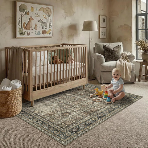 PureCozy Vintage Area Rug in living room adds retro charm and soft underfoot.