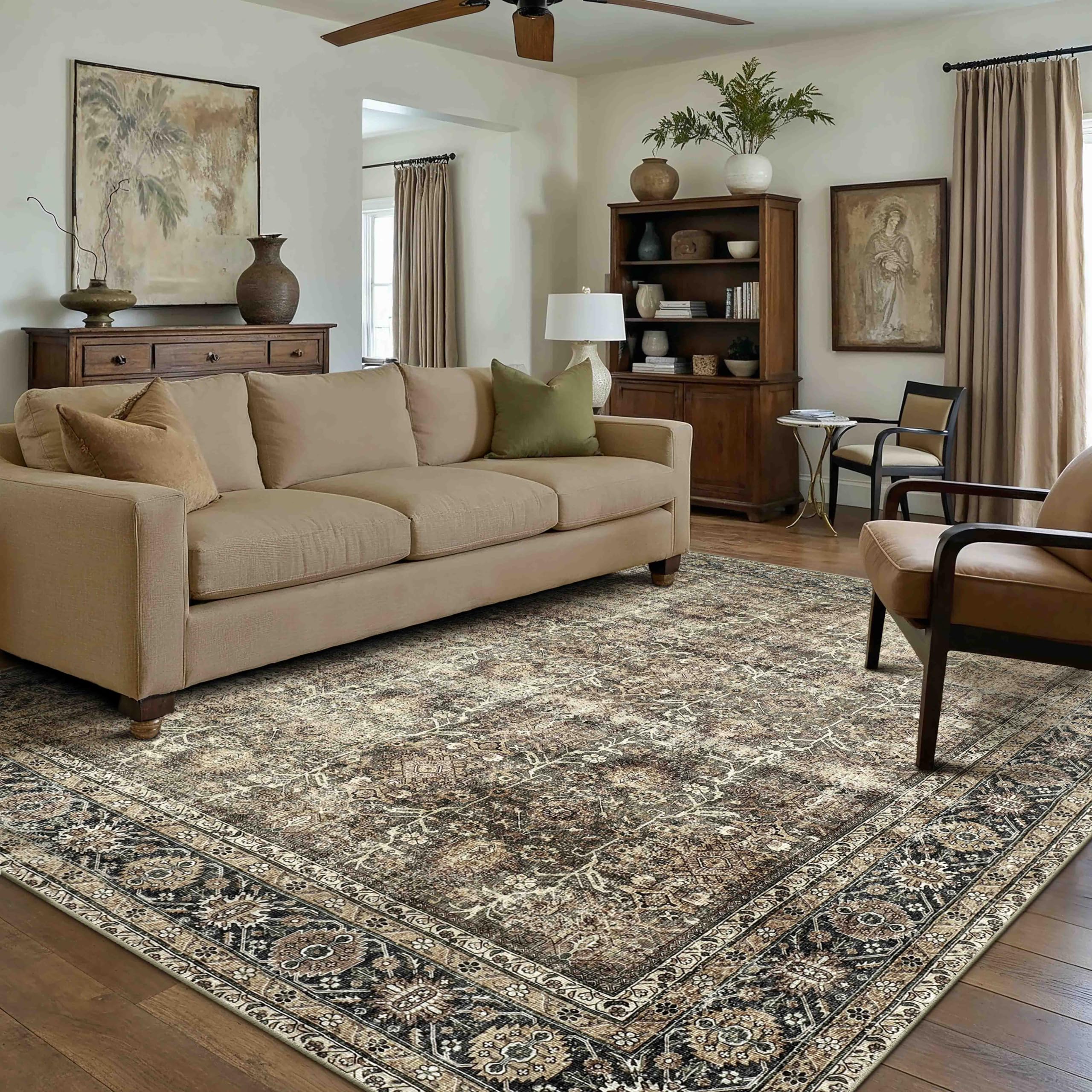 PureCozy Vintage Area Rug 6x9 Brown, washable centerpiece for living rooms.