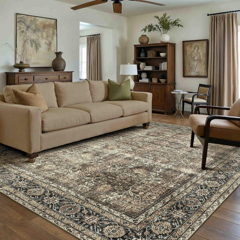PureCozy Vintage Area Rug 6x9 Brown, washable centerpiece for living rooms.