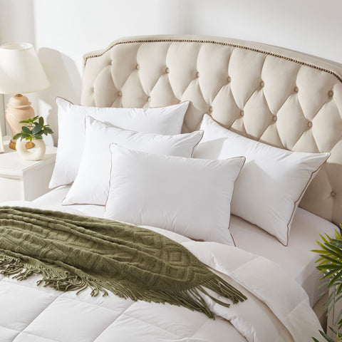 Puredown pillow close-up reveals feathers and down with premium cotton cover