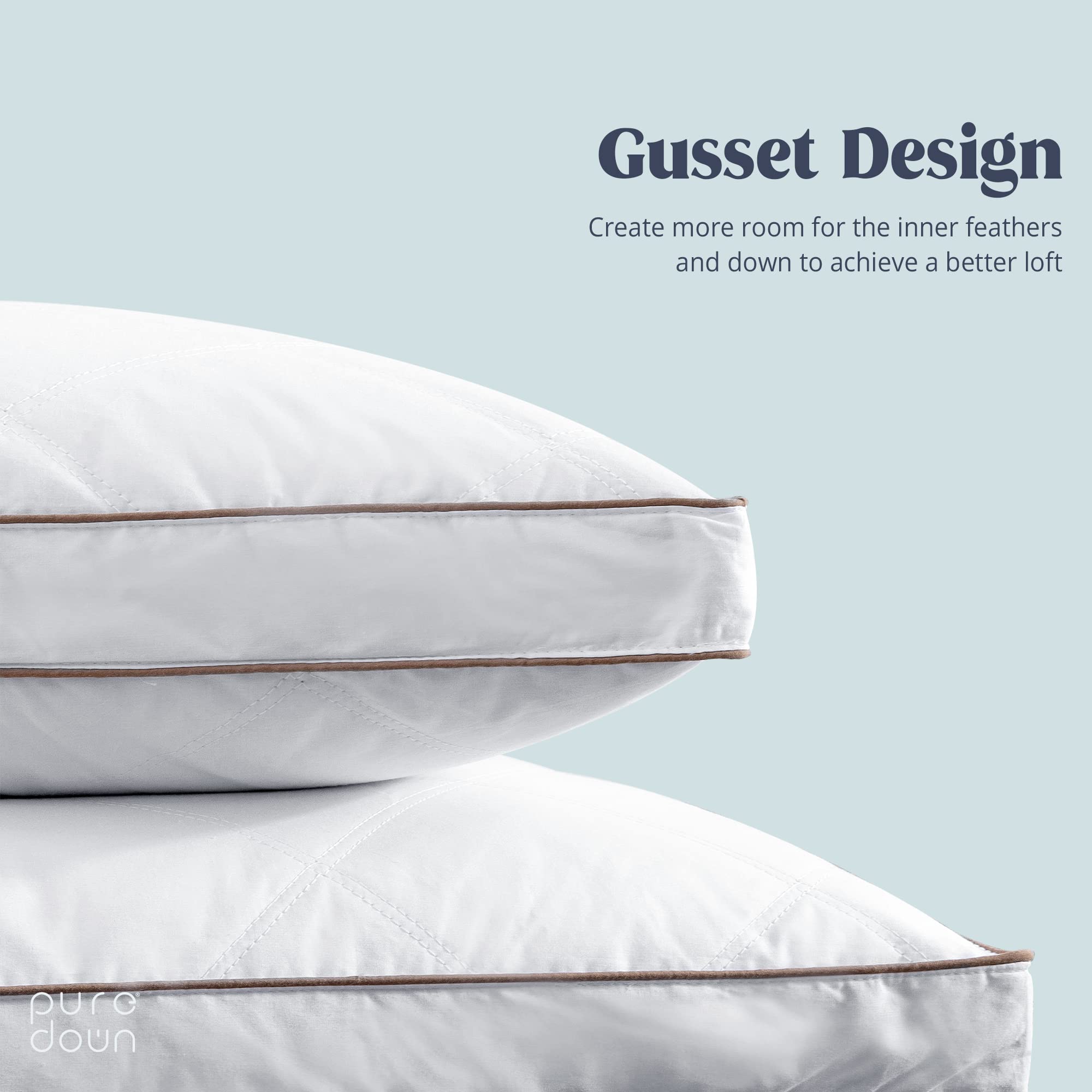 Puredown goose-feathers-down-pillow-queen-gusset-detail demonstrates balanced loft and support.