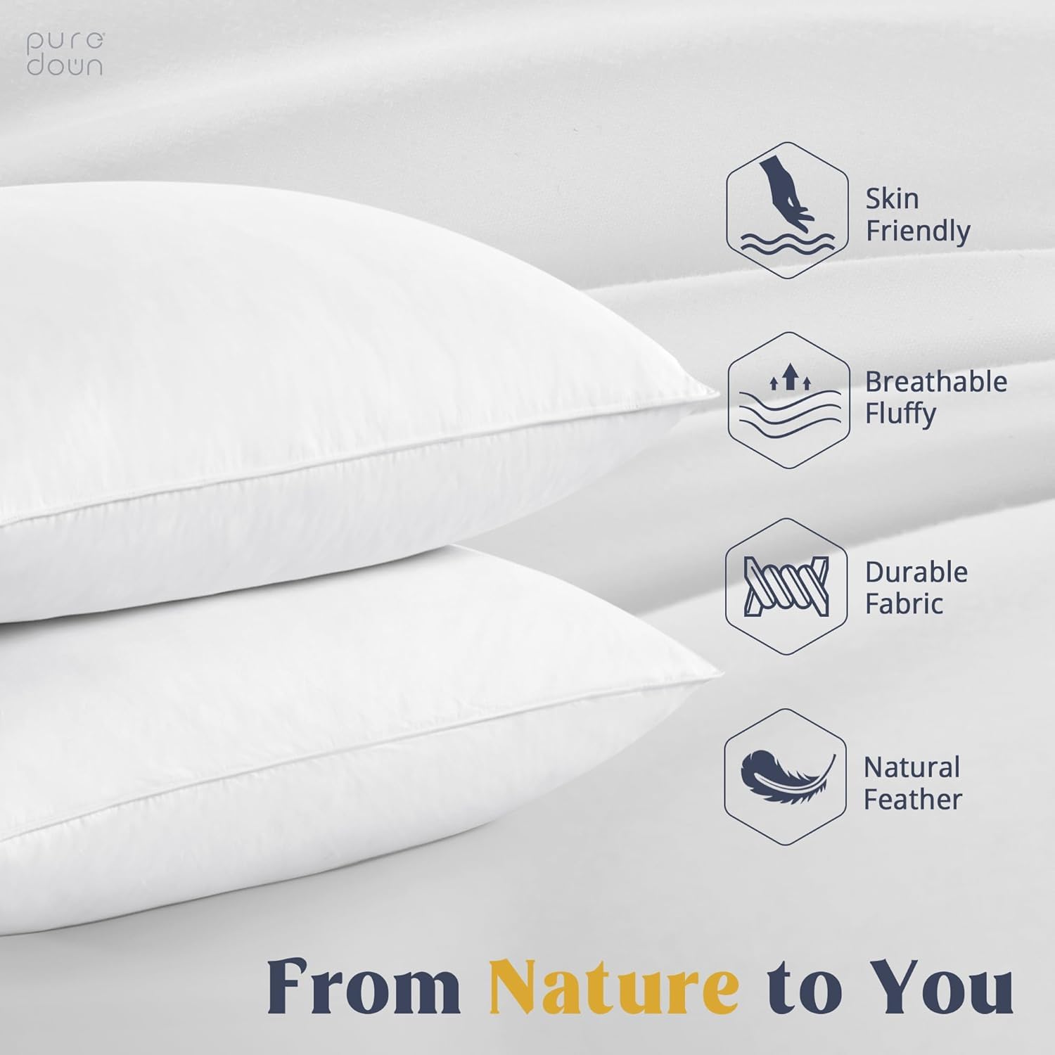 puredown hotel collection pillow white shell on bed, clean and versatile.