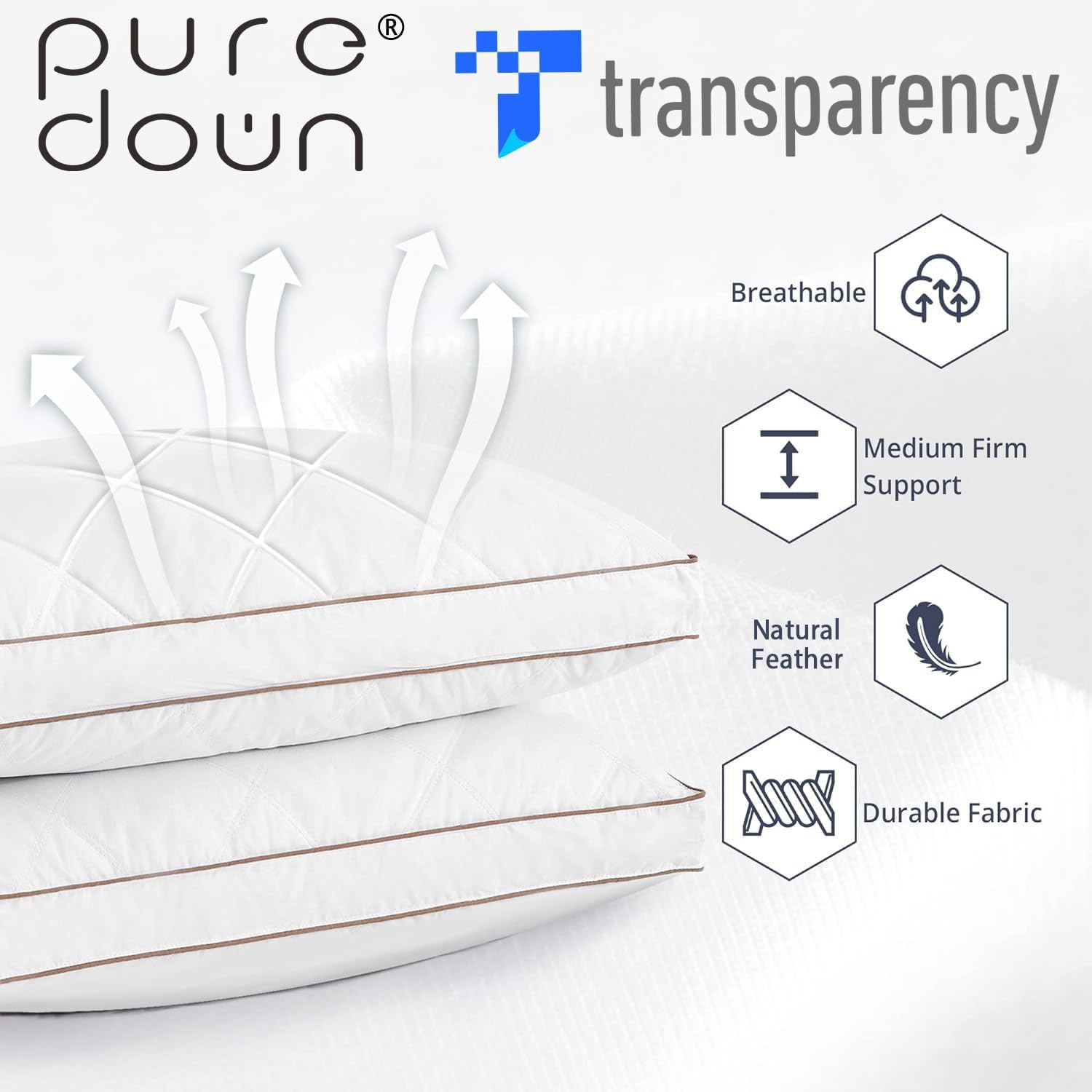 Puredown hotel collection pillow gusseted 20x26 inch for balanced support