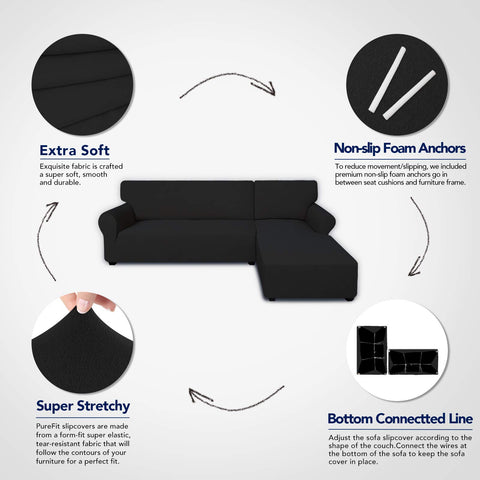 PureFit easy-install guide demonstrates quick fit for left or right chaise.