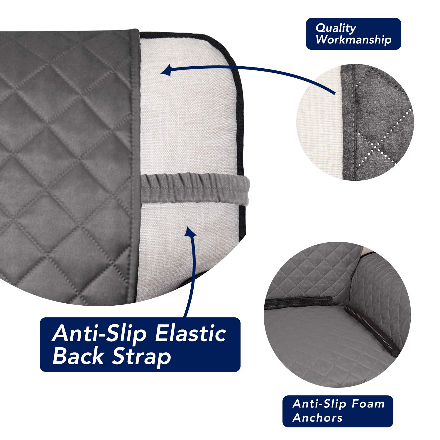PureFit non-slip foam anchors keep the cover in place on a busy family couch.