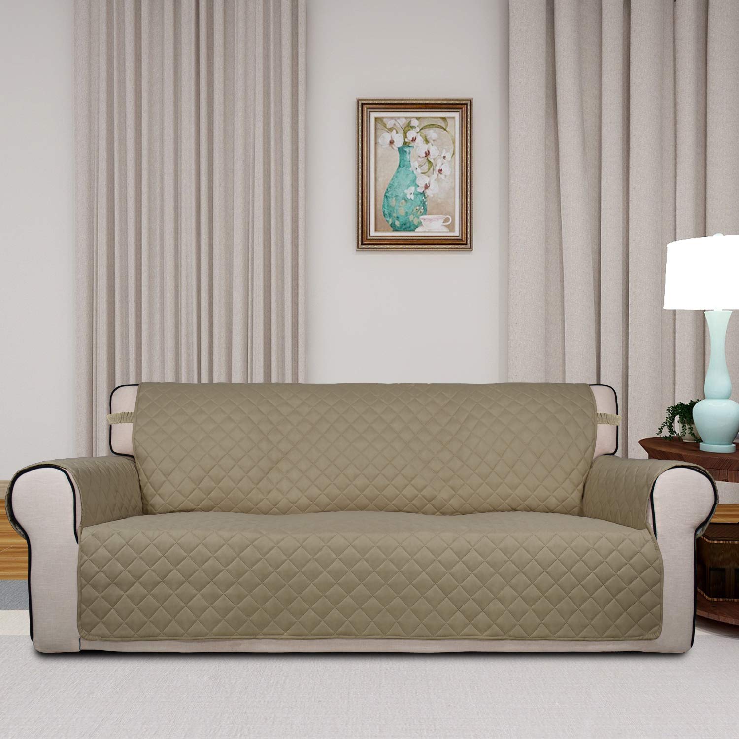 PureFit reversible sofa cover side view highlights secure wrinkle-free fit.