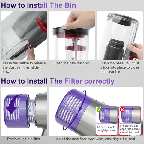 Dust bin and filter laid out for easy identification and assembly.