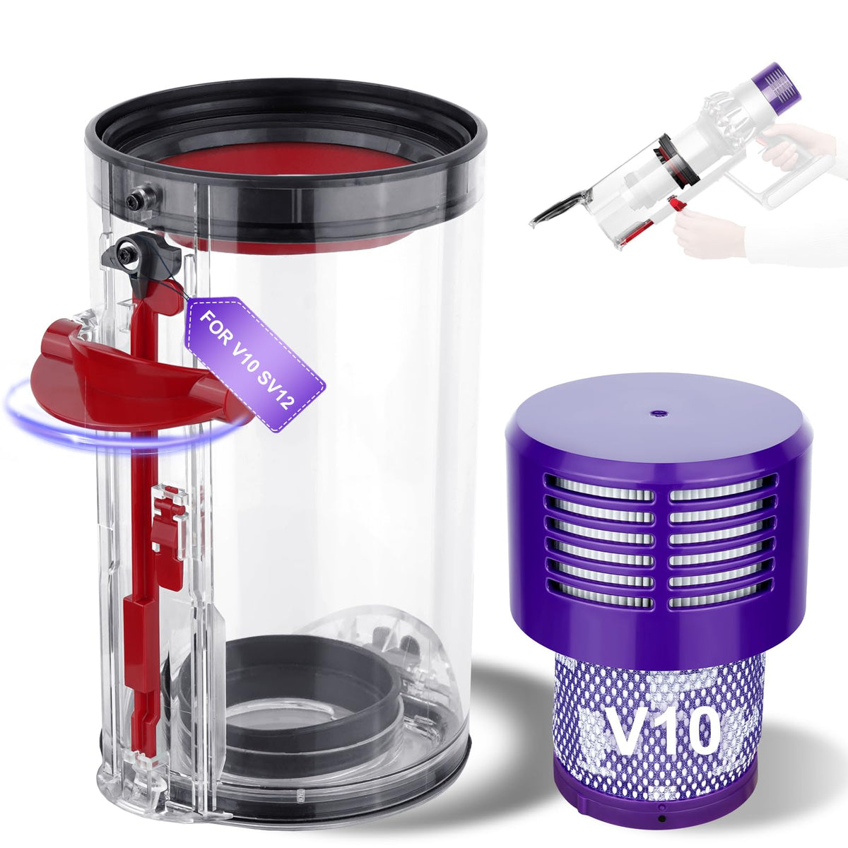 PUREGUST large bin for Dyson V10 enhances dust capacity and fit.