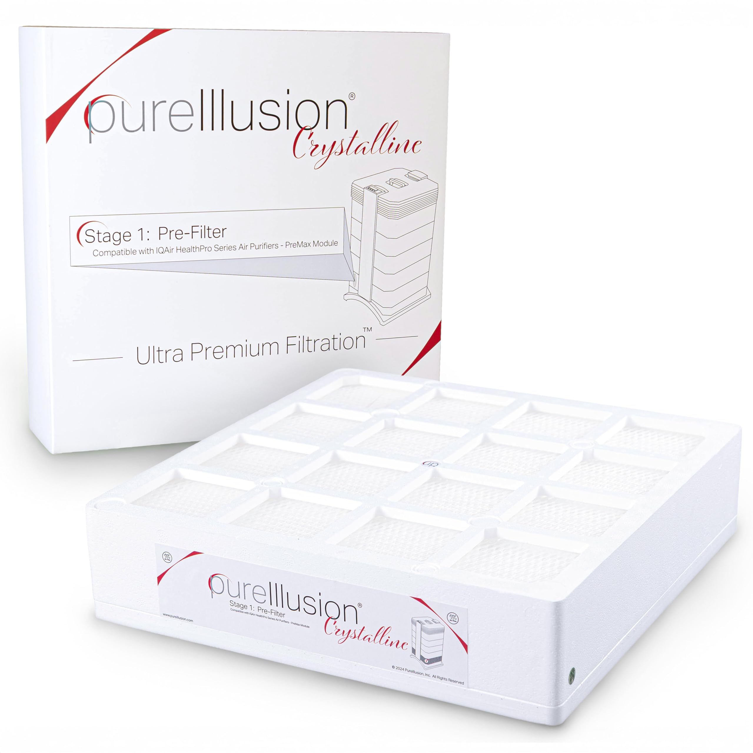 PureIllusion crystalline prefilter packaging highlights premium filtration materials for IQAir systems.