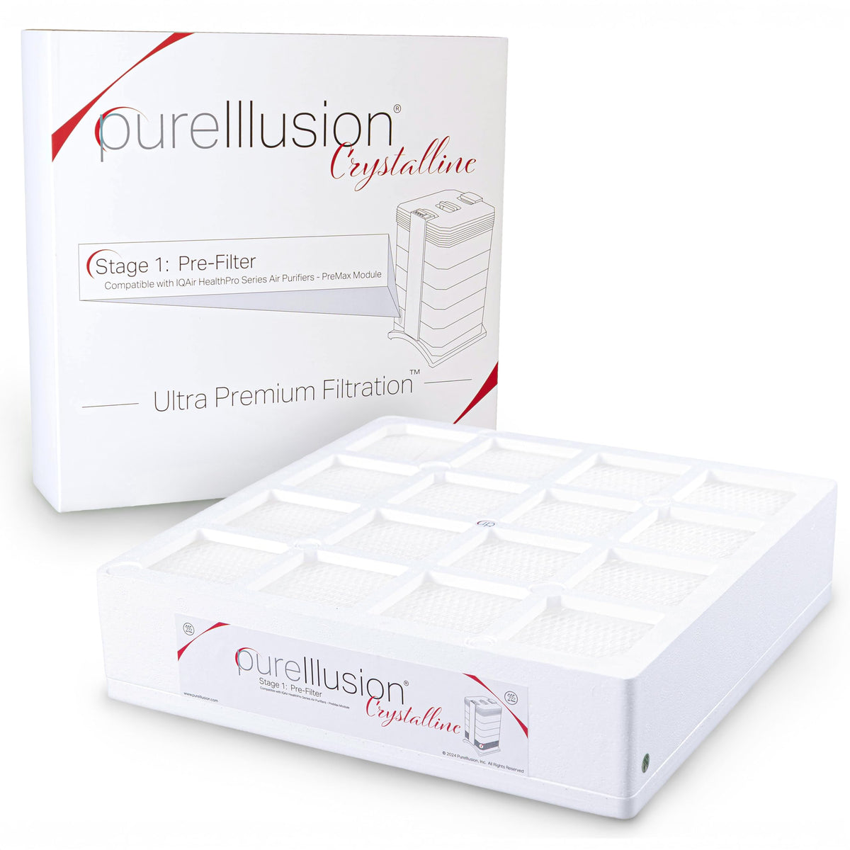 PureIllusion crystalline prefilter packaging highlights premium filtration materials for IQAir systems.