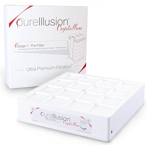 PureIllusion crystalline prefilter packaging highlights premium filtration materials for IQAir systems.