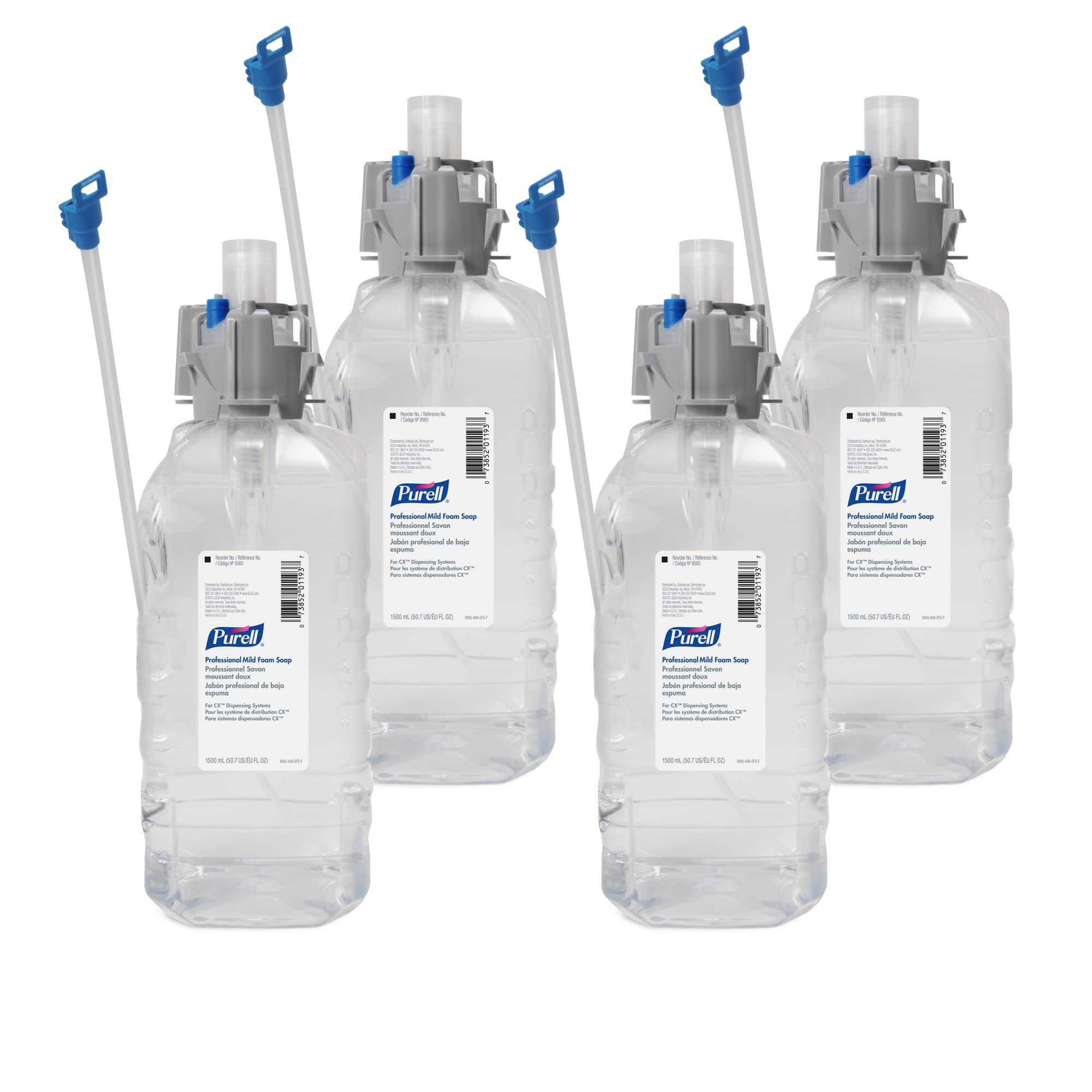 Purell refill bottle close-up showing fragrance-free formula and dye-free properties.
