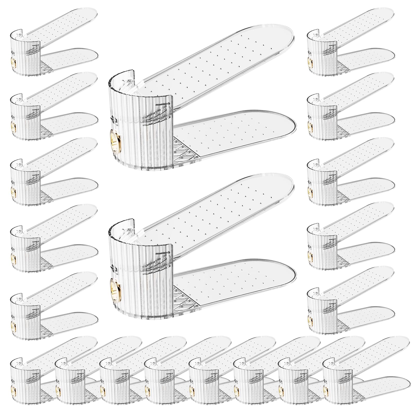 PureSprout adjustable slot organizer with double-deck riser in clear for space-saving closet use