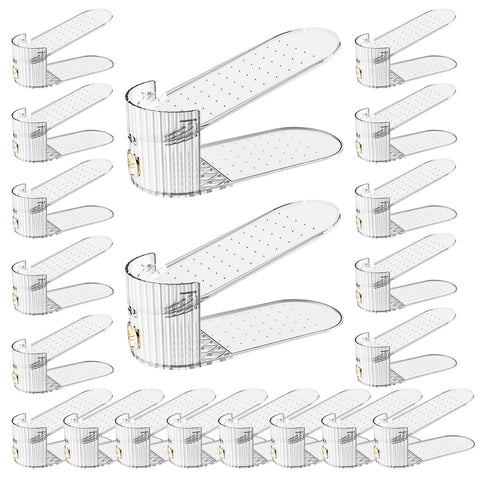 PureSprout adjustable slot organizer with double-deck riser in clear for space-saving closet use