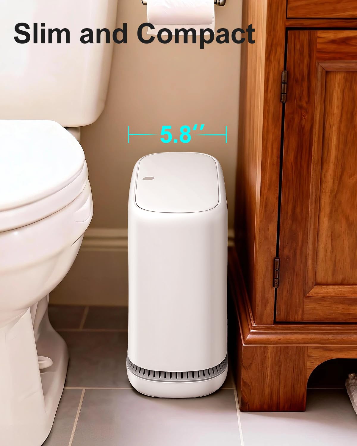Purexa slim bathroom trash can front view with closed lid for discreet, clean appearance.